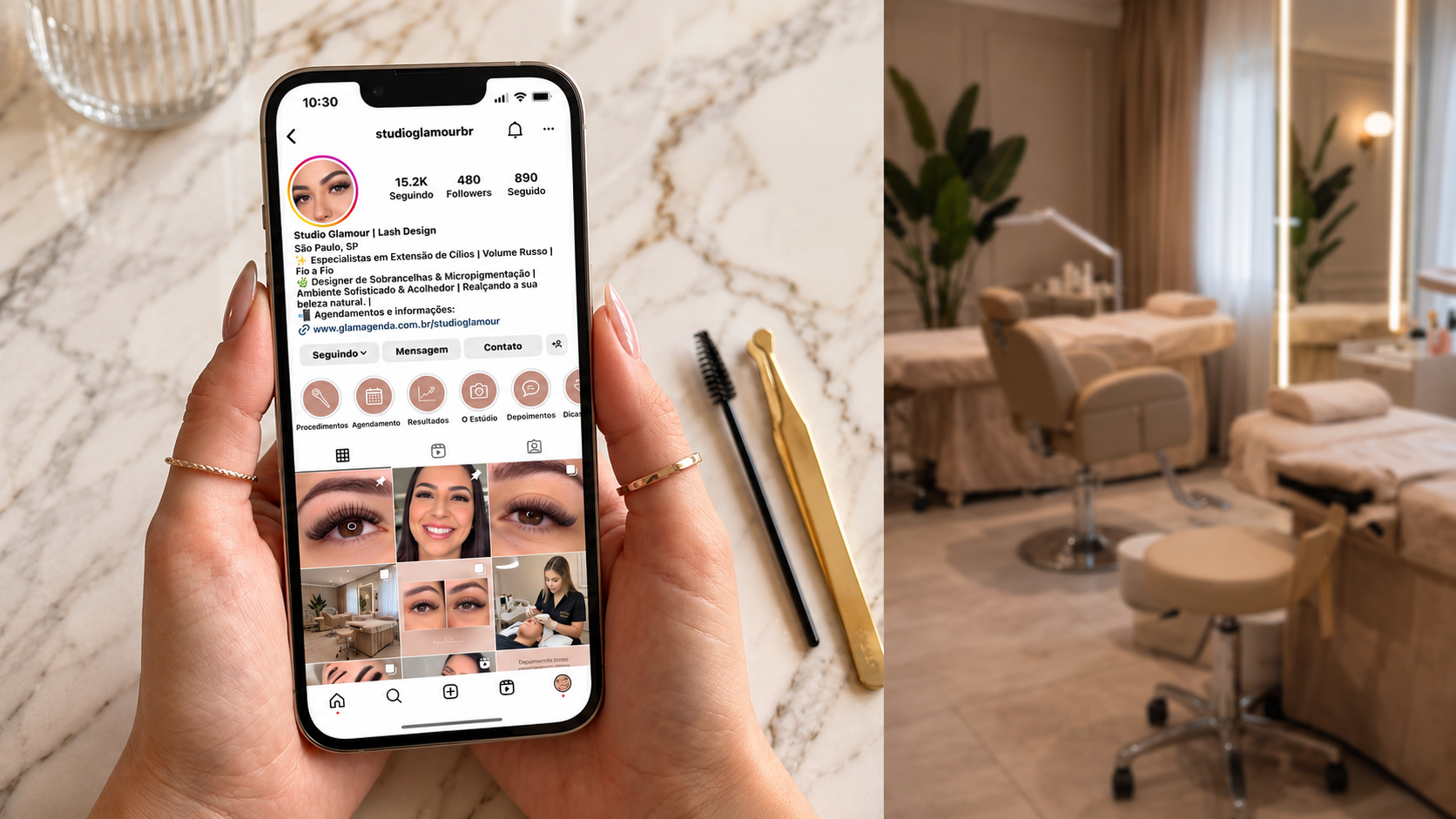 Celular com perfil de lash designer e link de agendamento em um studio de cílios