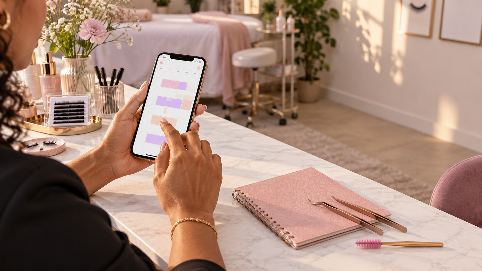Lash designer organizando a agenda de cílios no celular entre atendimentos